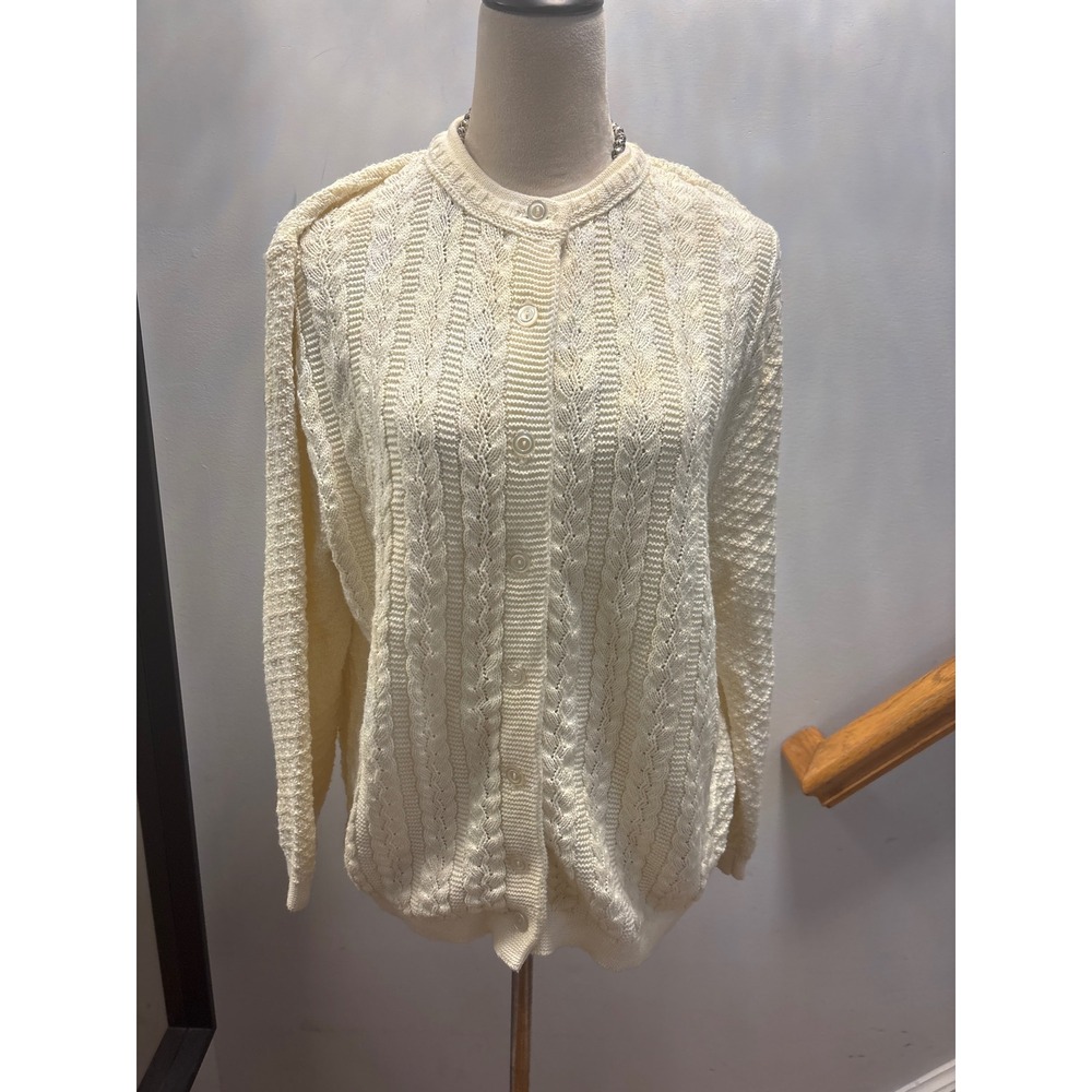 Cuddle Knit Cardigan Sweater Womens Large Cream Ivory‎ Vintage Cable USA